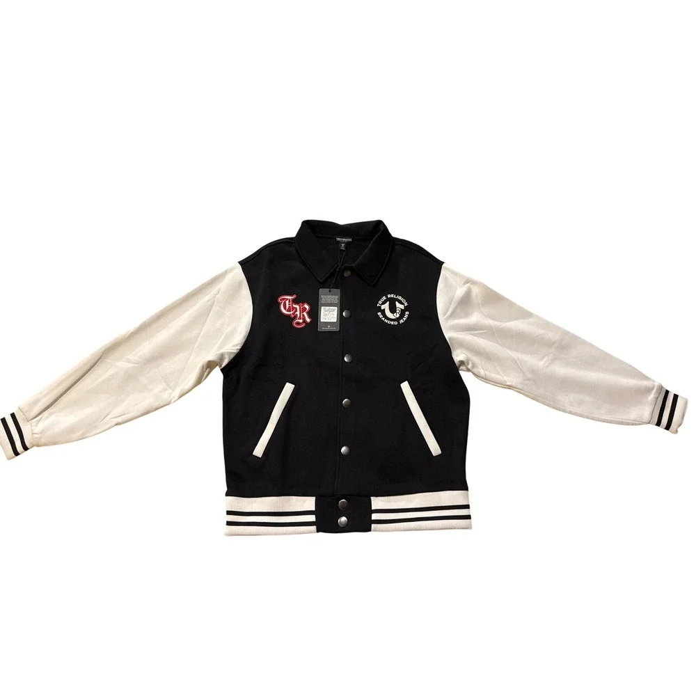 NEW True Religion Varsity Jacket Large‎ NWT Black White Buddha Fleece Size M